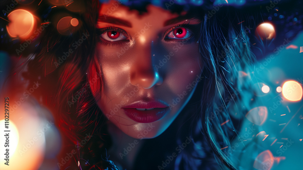 Enchanting witch with sparkling lights and a seductive gaze. Enchanting witch with sparkling lights and a seductive gaze.