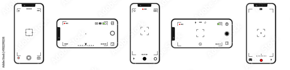 Modern phone camera app design for photography and video shooting with customizable frame, timer, and a sleek interface for user convenience. Modern phone camera app design for photography and video shooting with customizable frame, timer, and a sleek interface for user convenience.