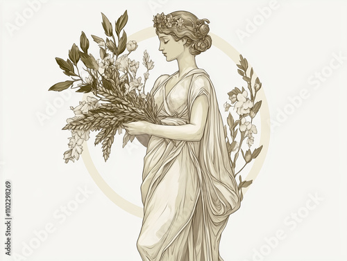 Classical vintage Virgo figure holding a wreath of flowers and wheat, with intricate linework and celestial accessories, in muted tones and delicate shading, set against a plain white background.