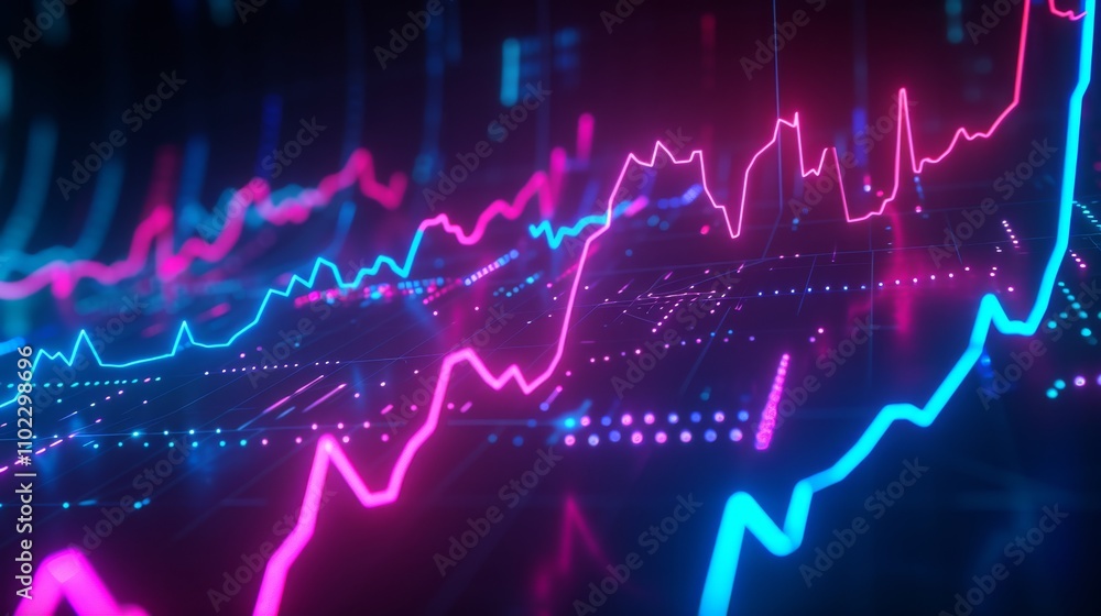 A vibrant, futuristic financial stock market graph in bright neon pink and blue. The image displays fluctuating lines representing market trends, ideal for business, technology, or finance-related A vibrant, futuristic financial stock market graph in bright neon pink and blue. The image displays fluctuating lines representing market trends, ideal for business, technology, or finance-related