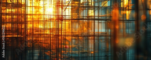 Abstract architectural structure of metal grids reflecting golden sunlight photo