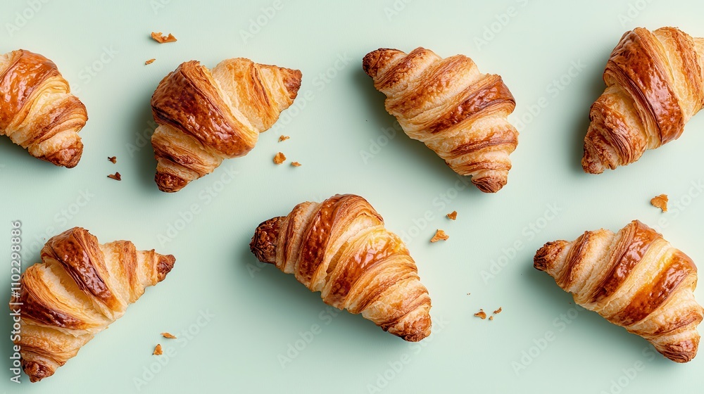 Freshly Baked Croissants Arranged on a Light Green Surface Freshly Baked Croissants Arranged on a Light Green Surface