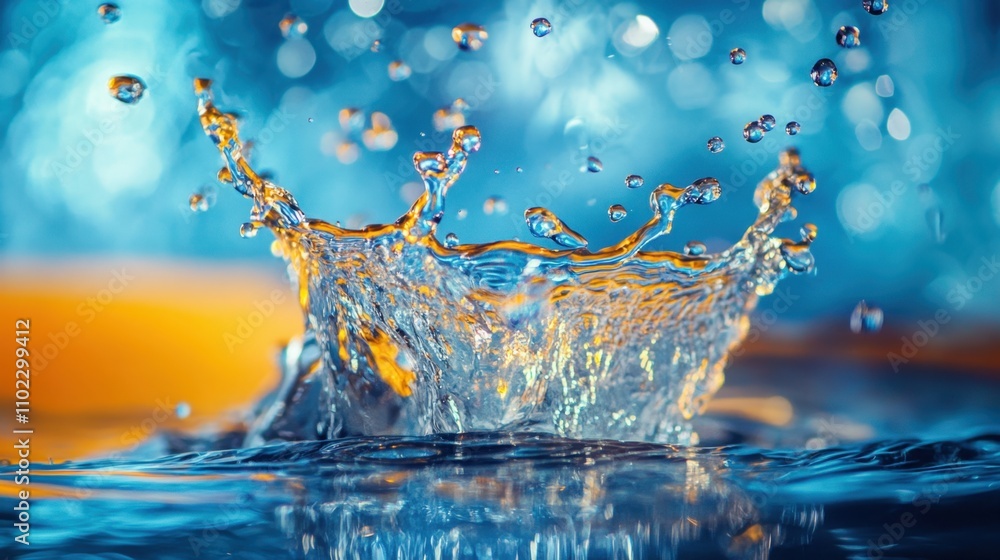 Close-up of a water splash with vibrant blue and orange reflections and droplets in motion Close-up of a water splash with vibrant blue and orange reflections and droplets in motion