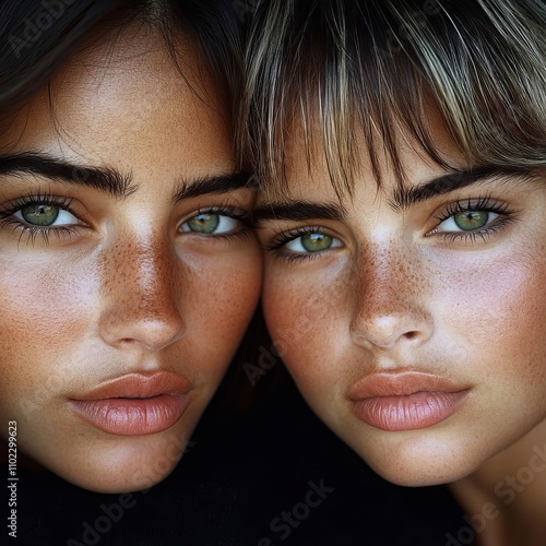 A close up of two young women with freckles on their faces