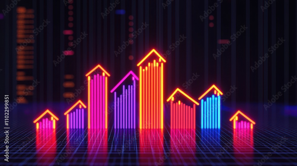 Colorful Neon Growth Graph with Houses on Digital Background Colorful Neon Growth Graph with Houses on Digital Background