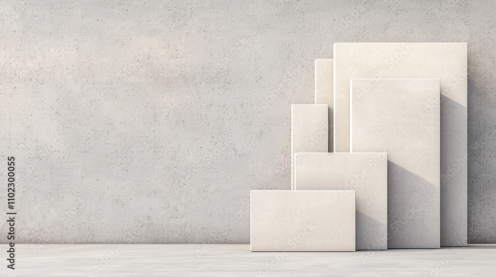 A modern, minimalist display of various sized blank canvases against a textured gray wall, showcasing simplicity and elegance. A modern, minimalist display of various sized blank canvases against a textured gray wall, showcasing simplicity and elegance.