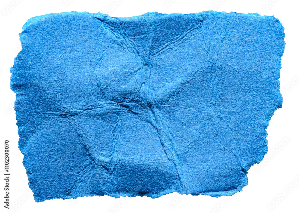 Fototapeta premium Blue crumpled wrinkled torn piece of blank paper note cardboard with texture and copy space, close up transparent png background isolated cut out design element