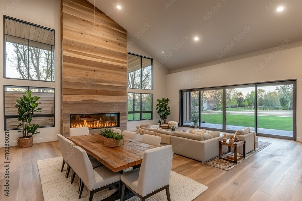Fototapeta premium Living room interior with a dining area, cozy fireplace, large window, and a mockup wall for personalized decor in a modern home