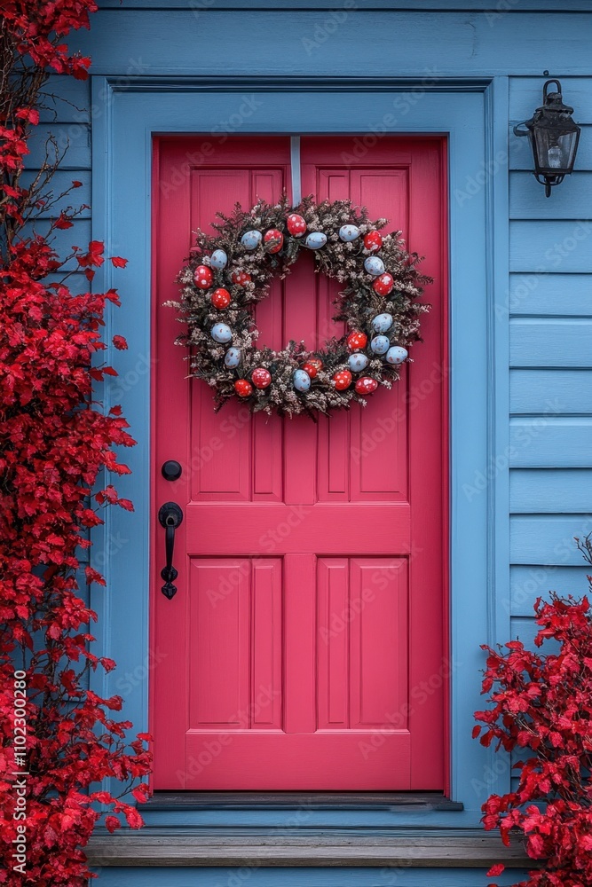 photo of pink door with beautiful easter wreath, cozy dusty blue wooden house with easter decorations photo of pink door with beautiful easter wreath, cozy dusty blue wooden house with easter decorations