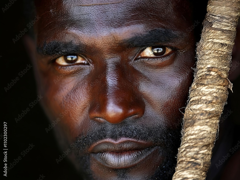 A close up of a man's face with a rope around his neck A close up of a man's face with a rope around his neck