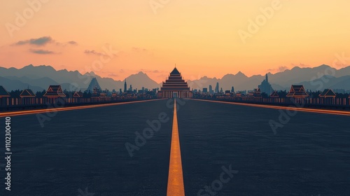 Serene Road Leading to Temple Against Majestic Mountain Sunset