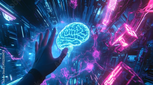 Hand reaching for glowing brain in neon digital space.