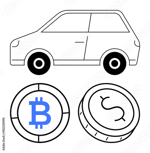 Car outline with two coins below, one featuring a Bitcoin symbol and the other a Dollar sign. Ideal for finance, cryptocurrency, automobile industry, investment, modern commerce, digital economy