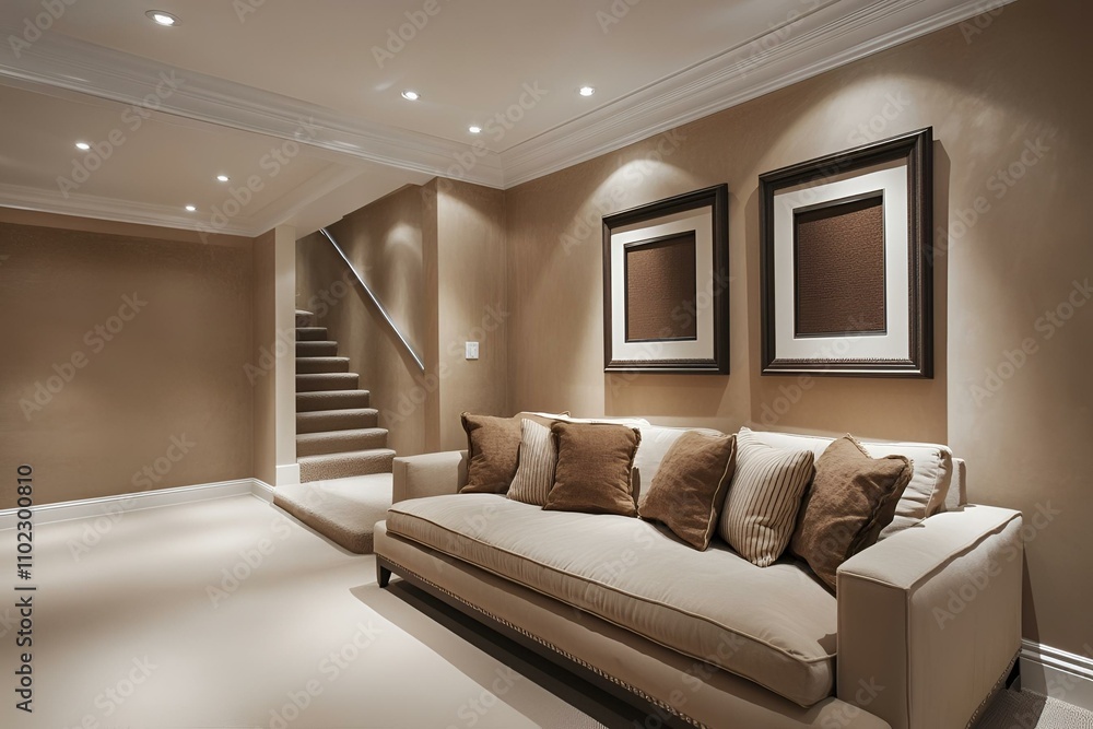 Minimalist modern living room design with a sofa near a stucco wall, decorated with elegant frames and soft lighting Minimalist modern living room design with a sofa near a stucco wall, decorated with elegant frames and soft lighting
