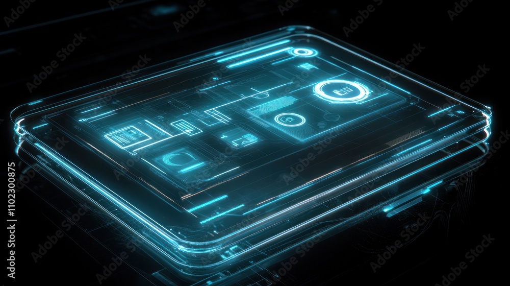 Futuristic transparent tablet with glowing interface. Futuristic transparent tablet with glowing interface.