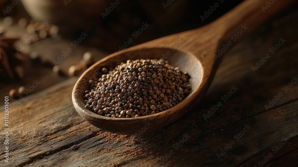 Close-up of a wooden spoon with spices. Selective focus Close-up of a wooden spoon with spices. Selective focus