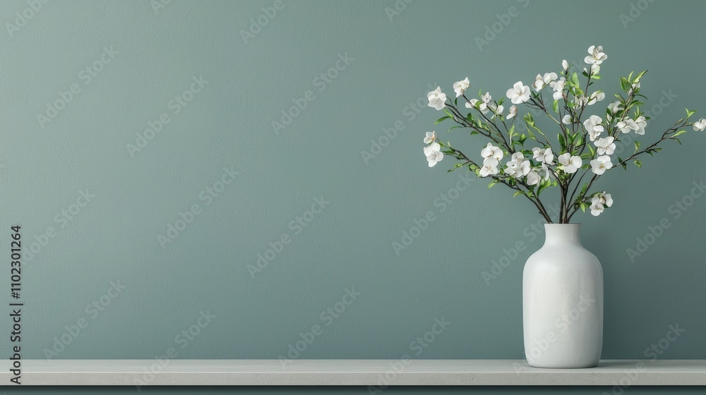 A minimalistic vase with white flowers sits on a light shelf against a soft green wall, creating a serene and elegant decor. A minimalistic vase with white flowers sits on a light shelf against a soft green wall, creating a serene and elegant decor.