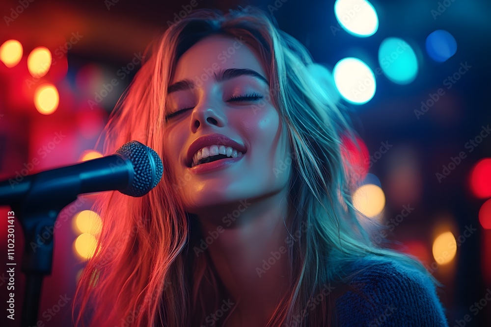 A young woman sings passionately into a karaoke microphone. A young woman sings passionately into a karaoke microphone.