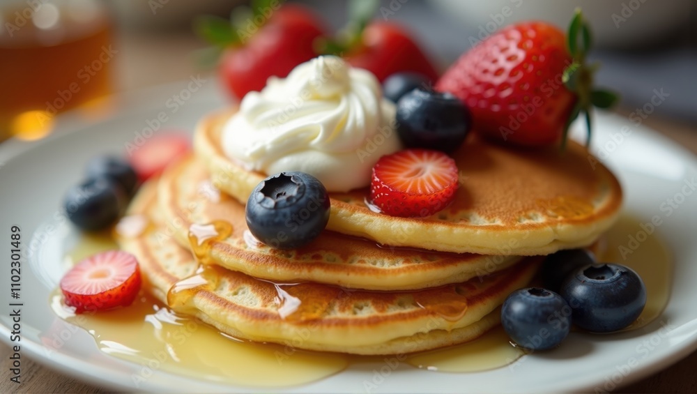 Stack of pancakes with fresh berries and dripping syrup on a plate, close-up, delicious breakfast. Generative, AI. Stack of pancakes with fresh berries and dripping syrup on a plate, close-up, delicious breakfast. Generative, AI.