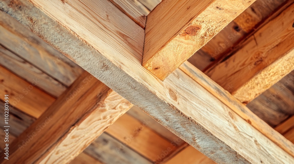 Wooden beams with detailed grain structure forming a ceiling framework Wooden beams with detailed grain structure forming a ceiling framework
