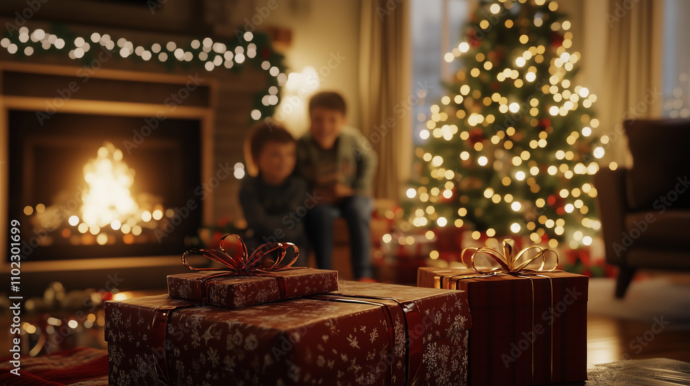 Christmas Gifts by the Tree with Children and Fireplace in the Background Christmas Gifts by the Tree with Children and Fireplace in the Background