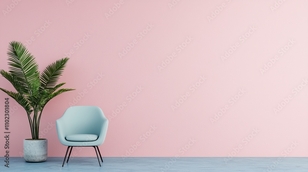 A minimalist interior scene featuring a light blue chair beside a potted plant against a soft pink wall, creating a calm and inviting atmosphere. A minimalist interior scene featuring a light blue chair beside a potted plant against a soft pink wall, creating a calm and inviting atmosphere.