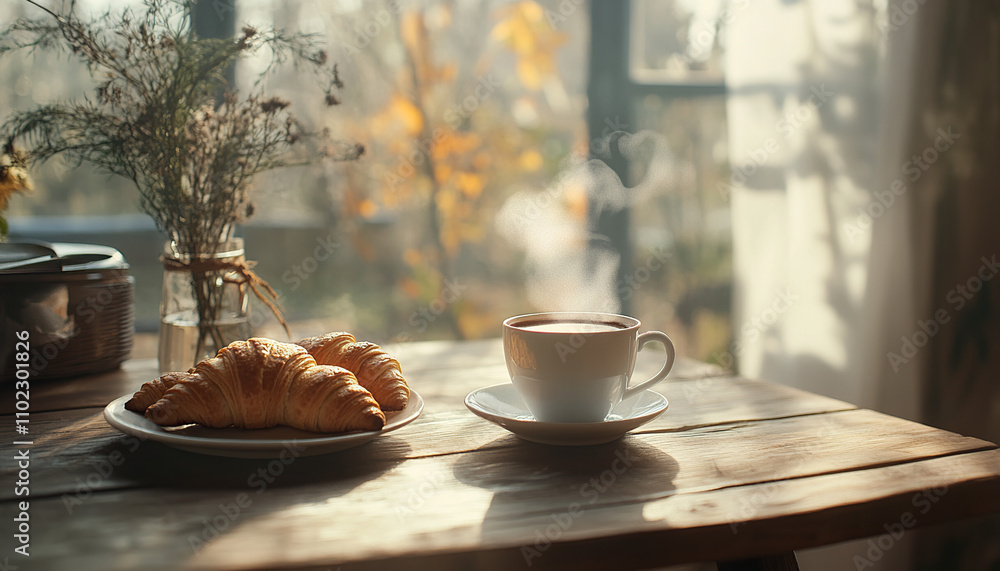 Hot coffee with crispy croissants in morning light Hot coffee with crispy croissants in morning light