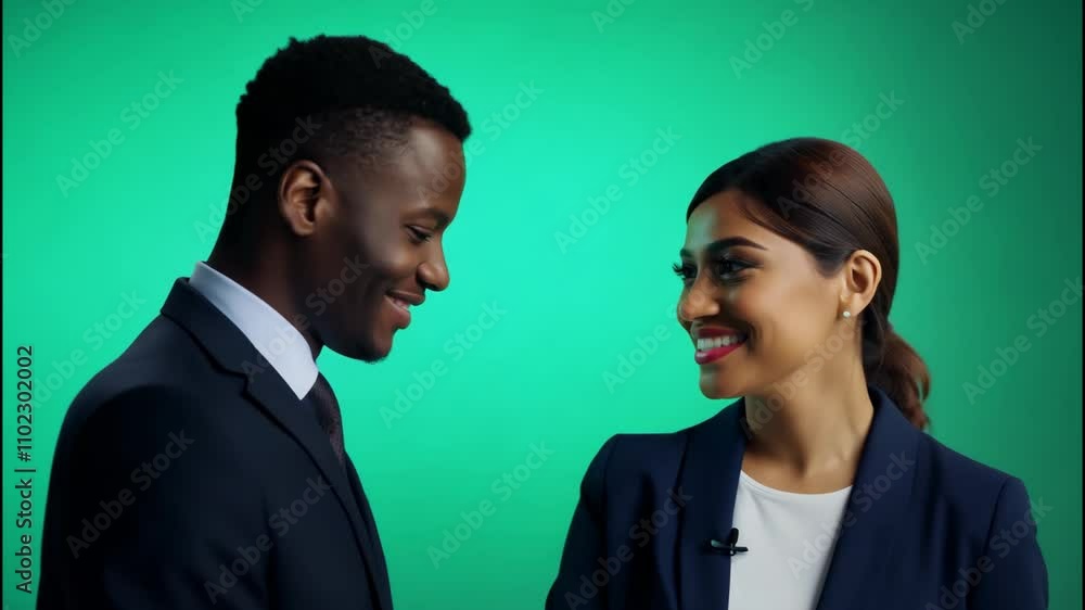 Business colleagues engaged in animated conversation against teal background Business colleagues engaged in animated conversation against teal background