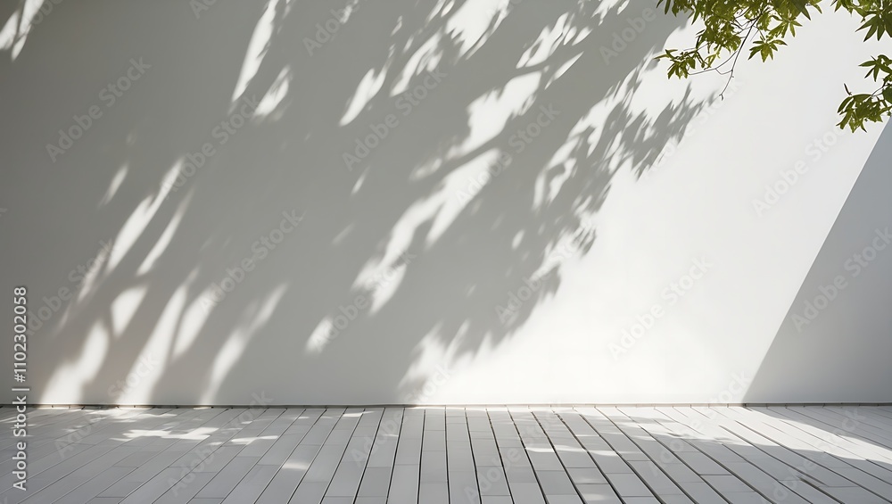 Fototapeta premium Minimalist Photograph of White Wall with Soft Tree Shadows and Green Leaves