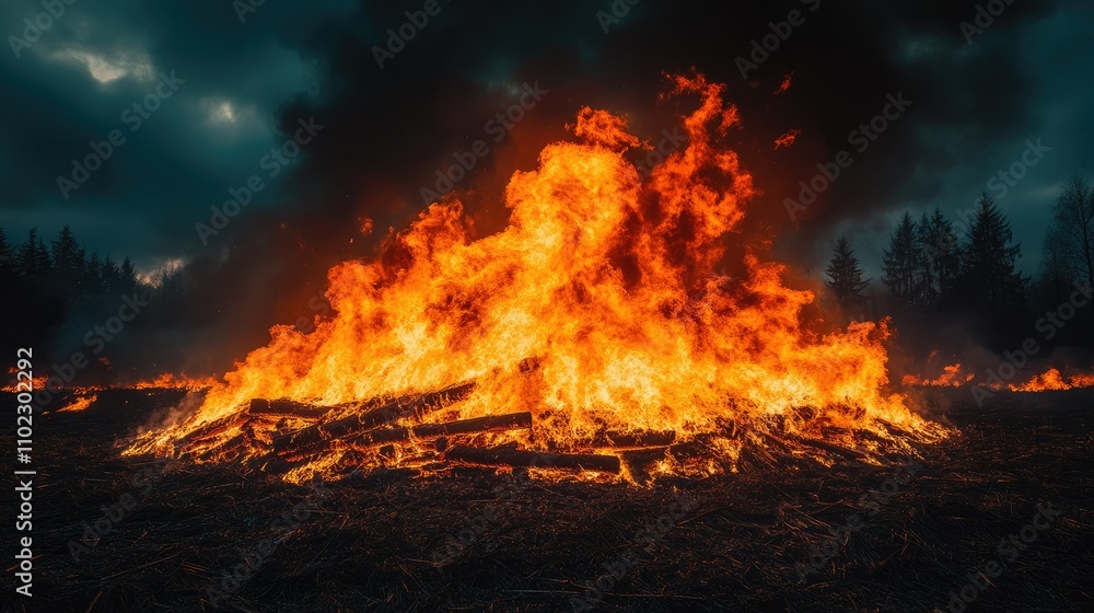 A large bonfire burns brightly against a dark, cloudy sky, surrounded by trees. A large bonfire burns brightly against a dark, cloudy sky, surrounded by trees.