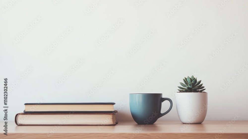Cozy Minimalist Workspace with Books, Cup, and Succulents Cozy Minimalist Workspace with Books, Cup, and Succulents