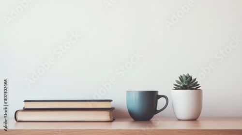 Cozy Minimalist Workspace with Books, Cup, and Succulents