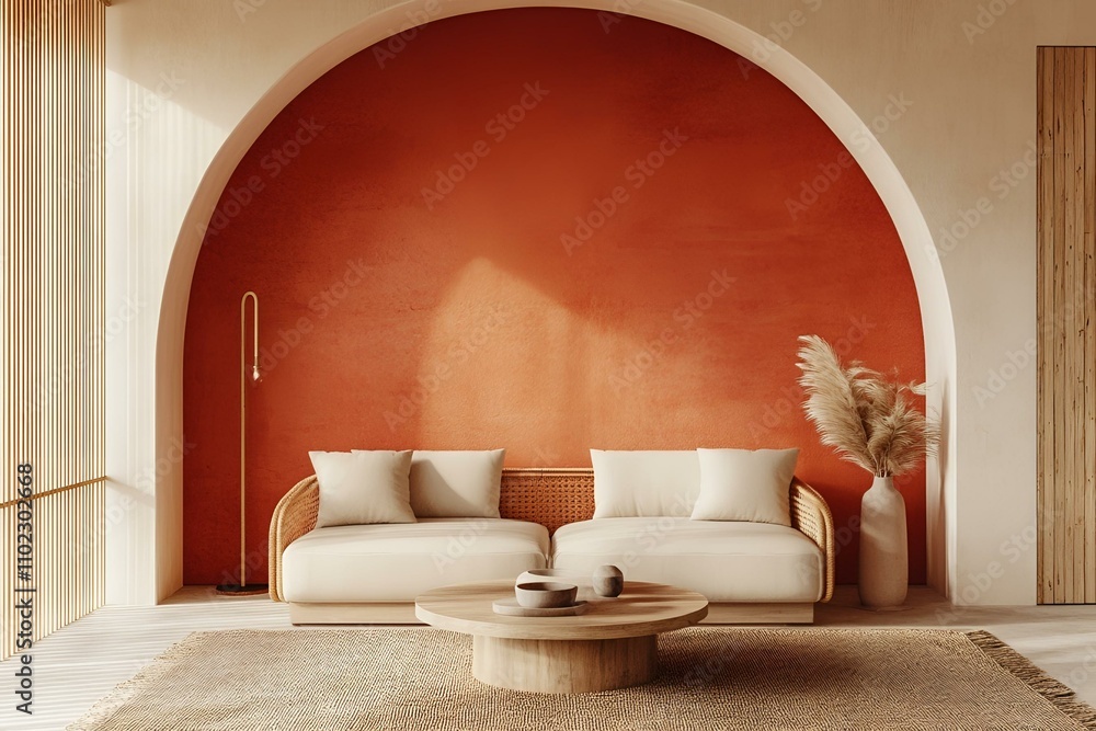 Fototapeta premium Modern Japandi interior with a vibrant arched wall, simple furnishings, and a cozy sofa blending elegance with playful colors
