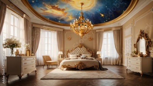 Luxurious bedroom with gold accents, celestial ceiling, and large windows.