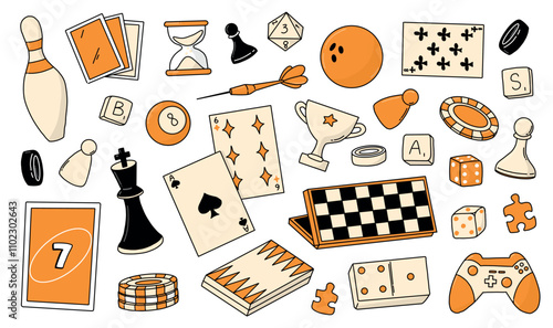 Game doodles, entertainment, boardgames cartoon elements for stickers, prints, cards, social media, packaging, signs, etc. EPS 10