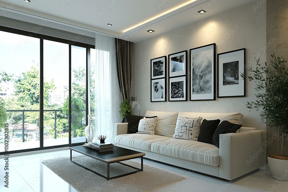 Fototapeta premium Modern living room featuring minimalist interior, sofa against a stucco wall with frames, and a serene neutral ambiance