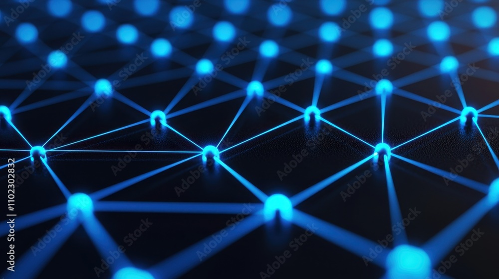Blue Glowing Network Nodes on Dark Surface in Abstract Design Blue Glowing Network Nodes on Dark Surface in Abstract Design