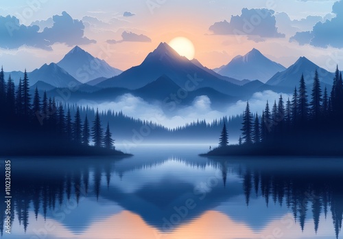 Serene sunset over misty mountain lake.