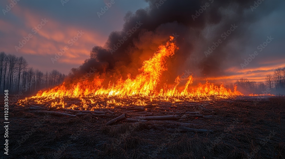A large fire consumes logs in a field under a dramatic sunset sky. A large fire consumes logs in a field under a dramatic sunset sky.