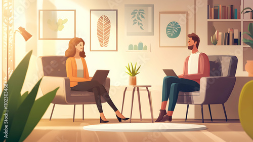 Career coach giving a one-on-one consultation to a client, with a welcoming and professional ambiance .illustration