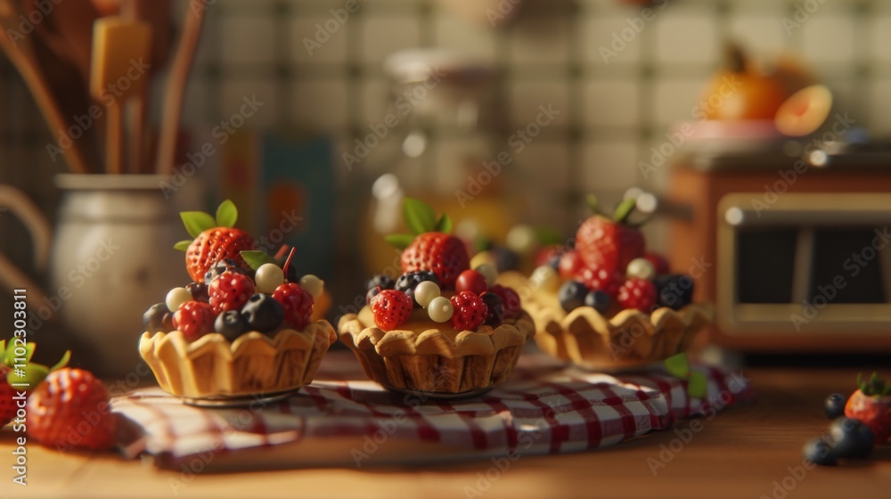 Fototapeta premium A close-up of beautifully crafted berry tarts topped with strawberries, raspberries, and blueberries, set on a wooden table in a cozy kitchen. The warm lighting creates a homely, inviting atmosphere