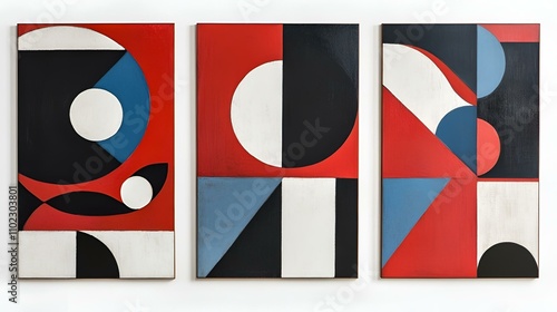 Set of three abstract wall art panels featuring bold geometric shapes in red, white, and blue for a modern aesthetic