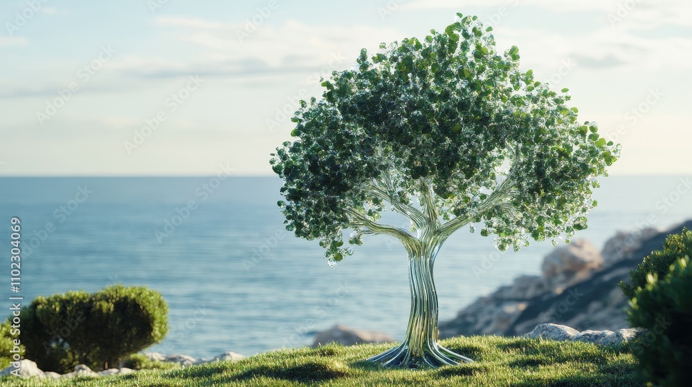Serene Coastal Tree Overlooking the Tranquil Ocean Horizon Serene Coastal Tree Overlooking the Tranquil Ocean Horizon