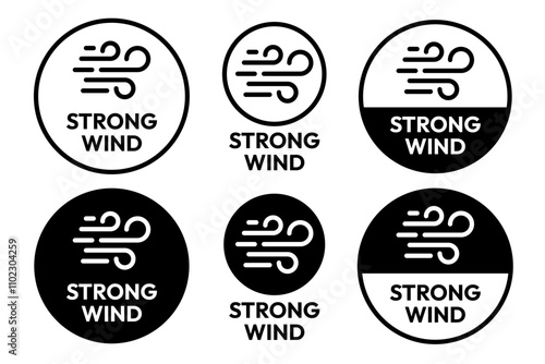 Strong wind line icon set. Windy weather symbol. Wind natural icons. Windy blow logo, label, badge, sticker, symbol, emblem, stamp, black, line, flat vector isolated illustration.