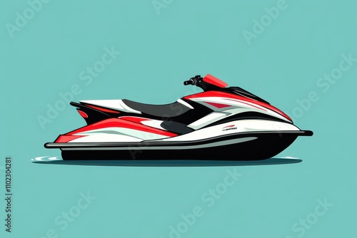 Bright red and white jet ski against a turquoise background in a minimalist style