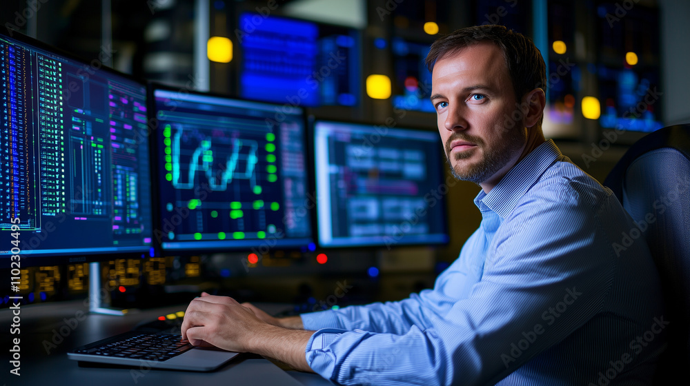Engineer Operating SCADA System in Modern Control Room Engineer Operating SCADA System in Modern Control Room