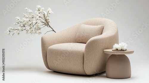 Elegant Modern Beige Fabric Armchair and Side Table with White Flowers photo