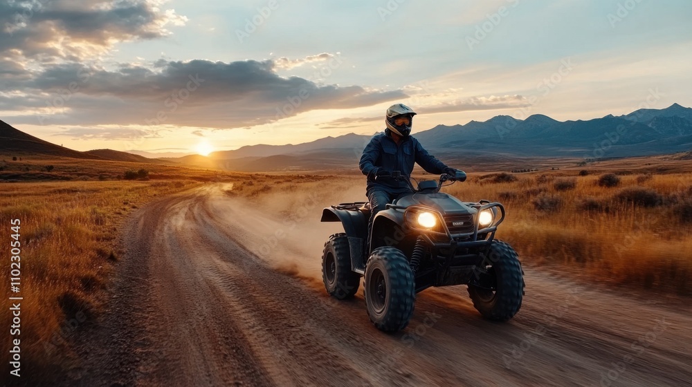 Adventurer Riding All-Terrain Vehicle at Sunset on a Dusty Trail in a Scenic Landscape with Mountains and Golden Grass, Capturing Freedom and Thrill in Nature Adventurer Riding All-Terrain Vehicle at Sunset on a Dusty Trail in a Scenic Landscape with Mountains and Golden Grass, Capturing Freedom and Thrill in Nature