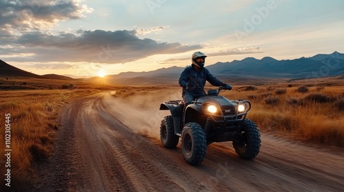 Adventurer Riding All-Terrain Vehicle at Sunset on a Dusty Trail in a Scenic Landscape with Mountains and Golden Grass, Capturing Freedom and Thrill in Nature