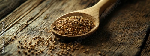 Close-up of a wooden spoon with spices. Selective focus